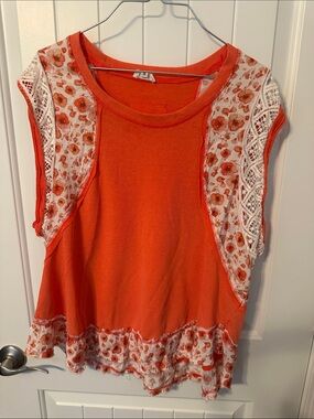 POL Orange Floral Lace-Trim oversized boho hippie cotton Top